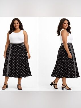 Robert Louis 2X Black & White Polka Dot Midi Skirt Elastic Waist Classic Chic